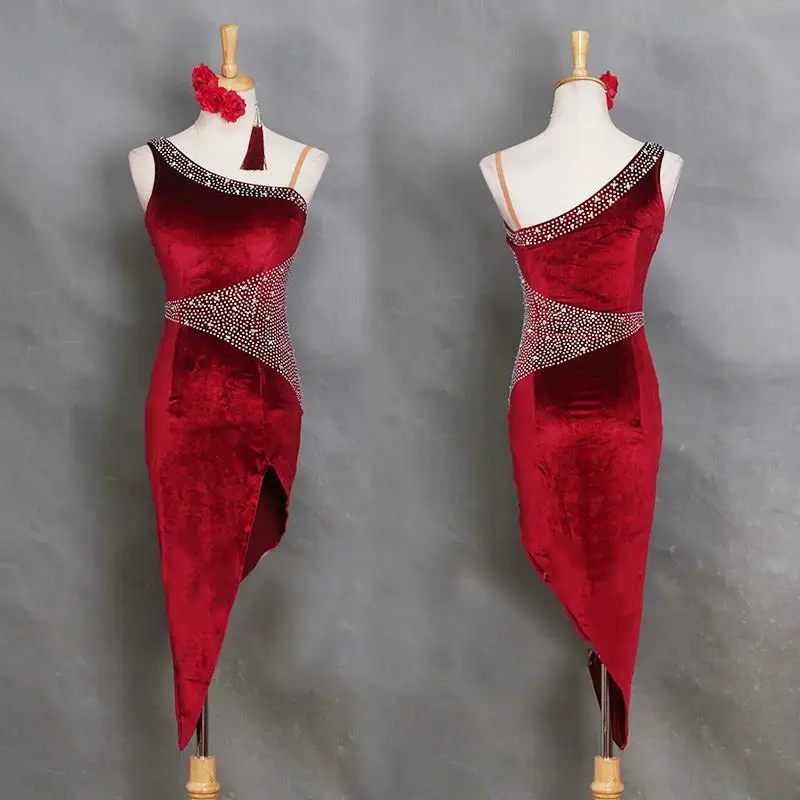 Red wine dress Профессиональное платье для латинских танцев, женский корейский бархатный костюм самбы для взрослых, женские платья с блестками для соревнований - Цвет: Red wine dress