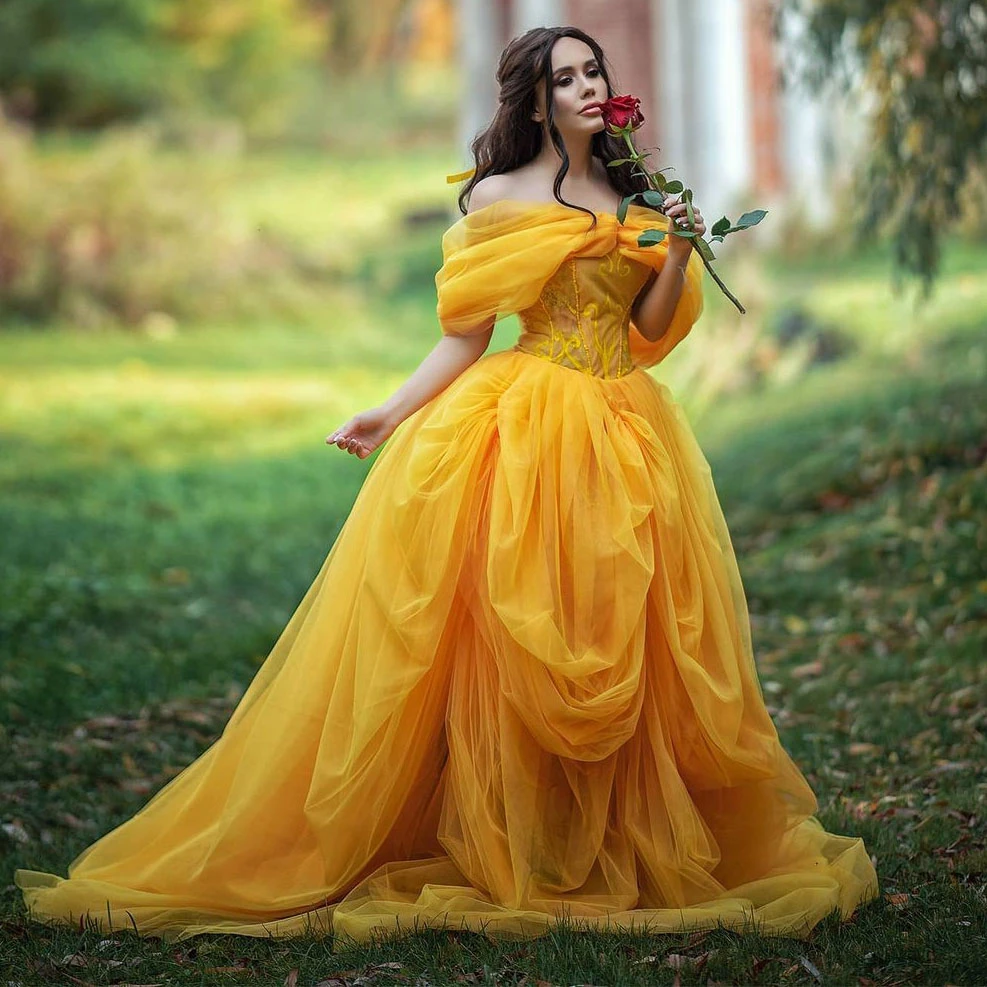 Vibrant Bright Yellow Prom Dress Off-The-Shoulder Ruffles Sleeves Floor Length Layered Puffy Tulle Print Pageant Gown Plus Size plus size evening wear