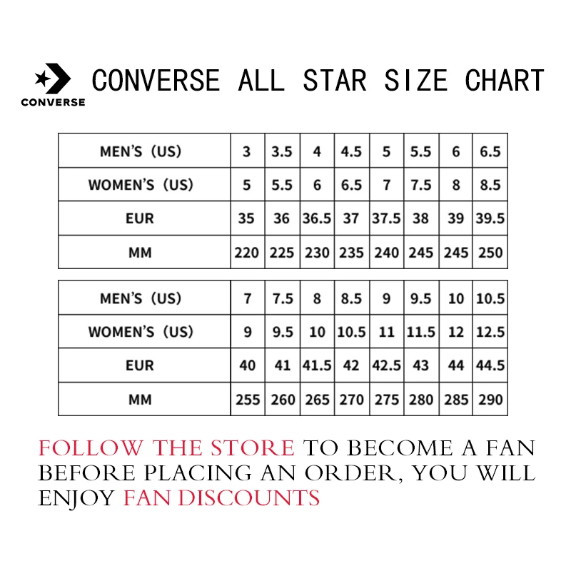 converse size chart shoes