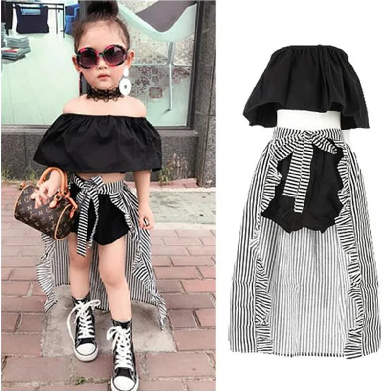 

Kids Baby Girl Outfits Off Shoulder Crop Tops+Shorts+Striped Lace-up Skirts 3Pcs Fashion Summer Girl Cotton Clothes Sets 2-7Y