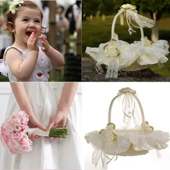 

Beautiful Flower Girl Basket Ceremony Wedding Decoration Love Case Satin Bowknot Basket Storage Candy Gift Confetti Container