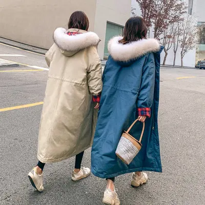 

2018 Winter New Style Plaid Contrast Color Large Fur Collar Hooded Long Cotton-padded Clothes Waist Hugging Drawstring Loose-Fit