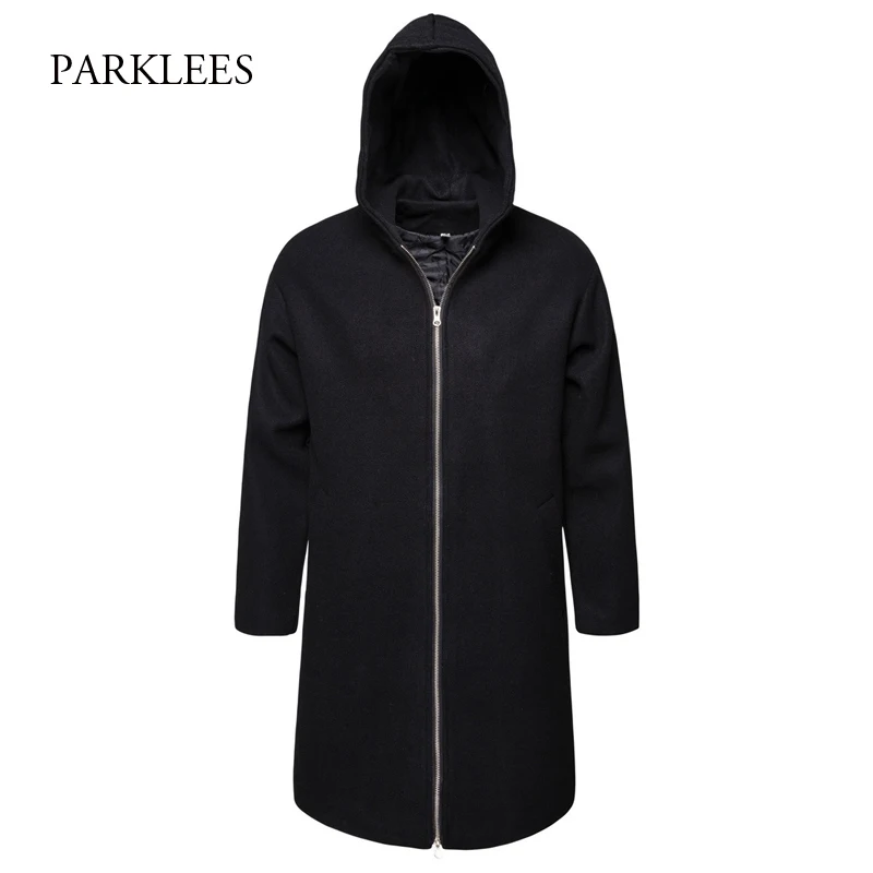 2019 Winter Men's Long Hooded Trench Coat Black Wool Hoodie Zipper Trench Coats for Male Casual Slim Fit Windbreaker Abrigo Lana 2019 Winter Men's Long Hooded Trench Coat Black Wool Hoodie Zipper Trench Coats for Male Casual Slim Fit Windbreaker Abrigo Lana