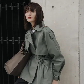 

TVVOVVIN[] 2020 Spring New Products Fashion Solid Color Lapels Tie Long Loose Casual Leather Jacket NQOM