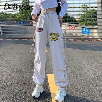 

Darlingaga Streetwear Reflective Lace Up Sweatpants Women Pants Letter Printed Loose Joggers Drawstring Hip Hop High Waist Pants