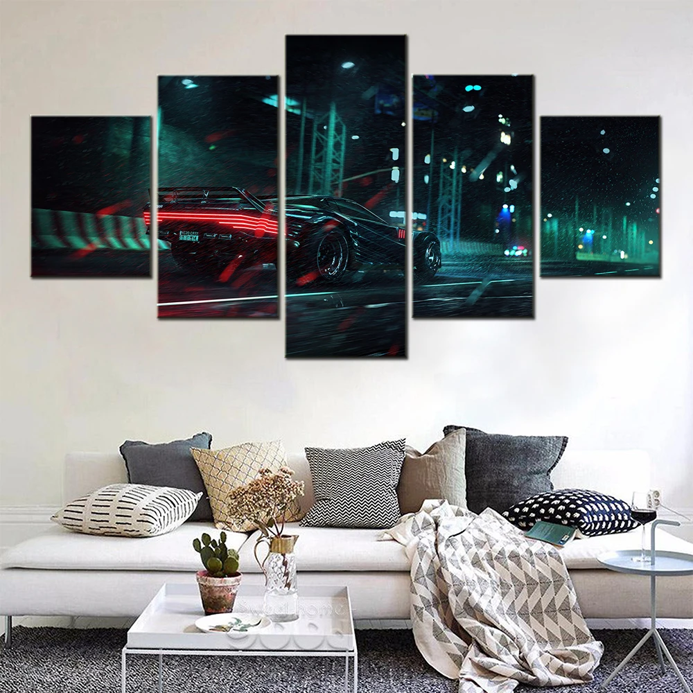Wall Art Canvas Painting 5 Piece Cyberpunk Racing Car Street Posters Room Decoration Pictures Print Modern Decor Framework | Дом и сад