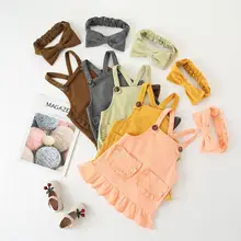 Новое Хлопковое платье для маленьких девочек детские осенние платья на бретелях, детские комбинезоны, платье+ повязка на голову с бантом, джемпер для малышей