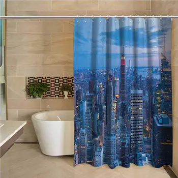 

New York Hotel Quality Polyester Shower Curtain Aerial Night View of NYC with Dusk Sky Cloudy Sunset in City Fashion Capital Art