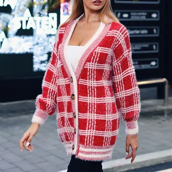 

Womens Winter Thicken Warm Long Sleeve Sweater Vintage Plaid Open Front Cardigan Casual Loose Fit Button Down Knitted Baggy Tops