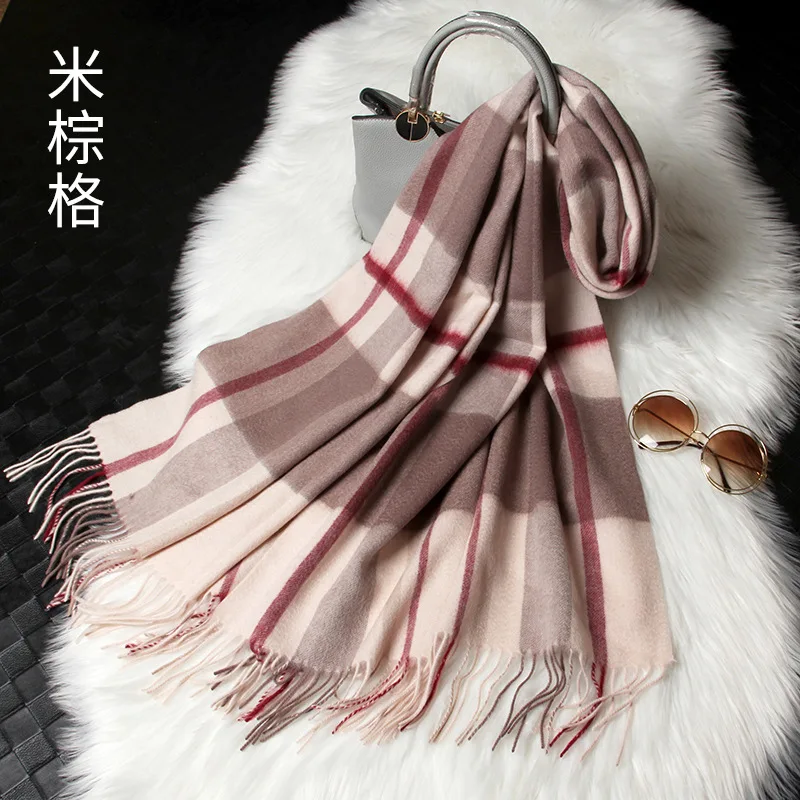 beige brown YHYM20060 Новая мода женская осенняя и зимняя дикая клетчатая кашемировая шаль в британском стиле с кисточками двойной шерстяной шарф - Цвет: beige brown