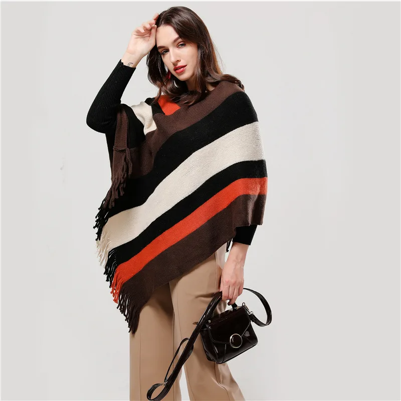New stripe winter women scarf cashmere lady fashion poncho and caps thick warm coat Elastic knit pashmina shawl wrap stoles