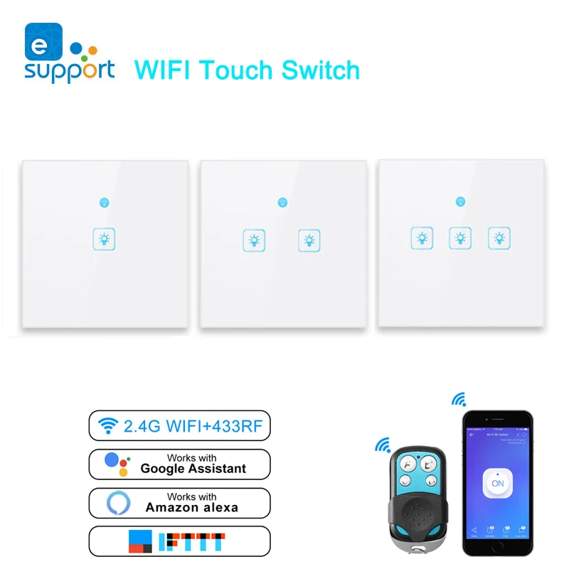 eWeLink EU Wifi Smart Light Switch RF433Mhz Glass Screen Touch Panel