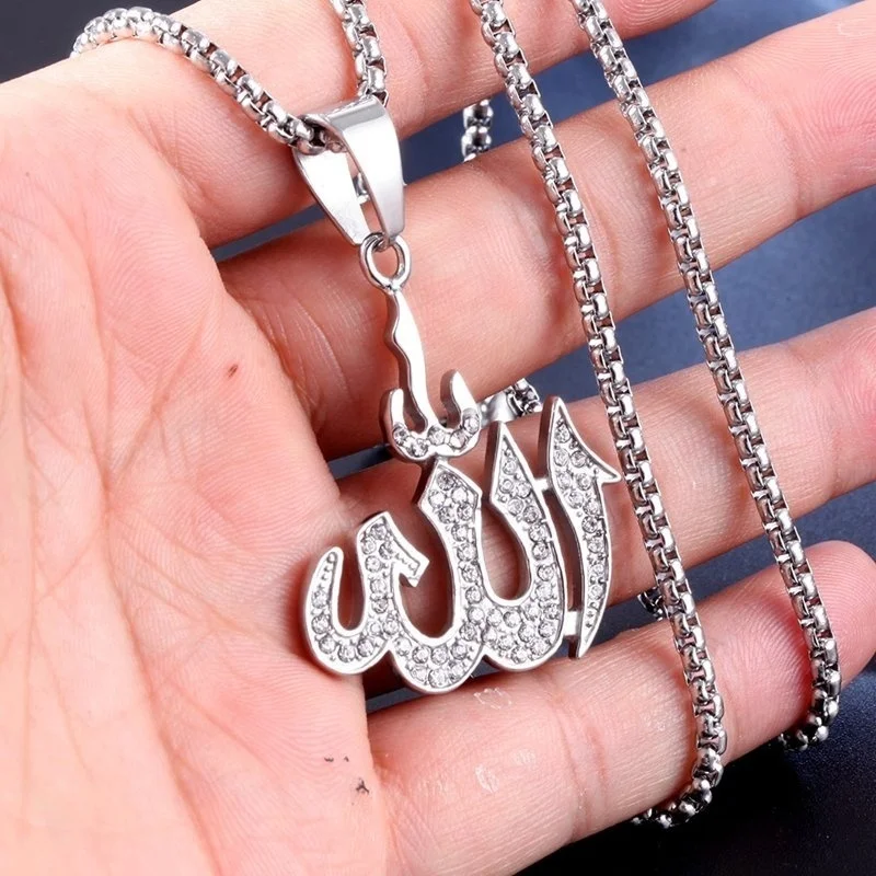 Vintage Muslim Islamic Allah Rune Pattern Necklace Pendant For Men Women Retro Good Luck Pray Crystal Inlaid Religious Jewelry