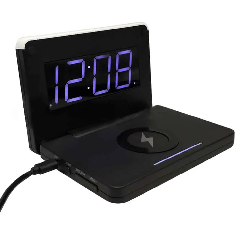 Портативный Электрический цифровой будильник 10 Вт USB прямоугольник спальня складной настольный прикроватный телефон Беспроводное зарядное устройство ночной светодиодный - Цвет: Черный