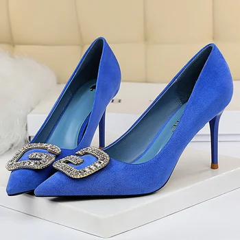 

2020 Women Pumps 8cm High Heels Suede Lady Scarpins Crystal Flock Tacons Prom Low Heels Sexy Office Blue Yellow Rhinestone Shoes
