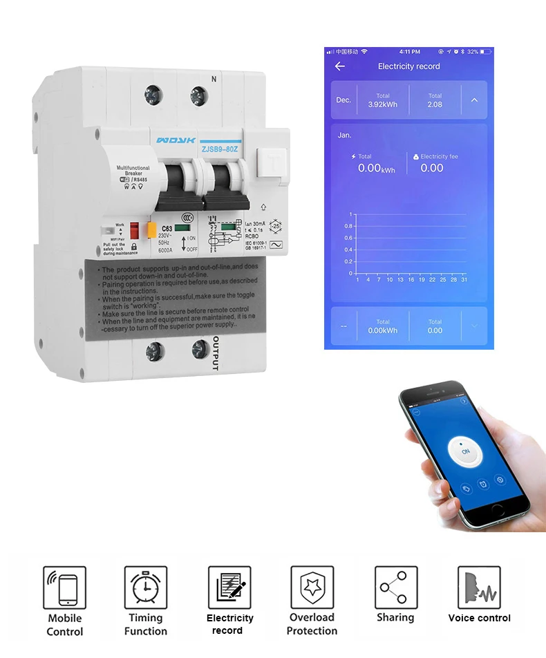 Wifi Smart RCBO выключатель остаточного тока с контролем энергии, совместимый с Amazon Alexa, Google Home для умного дома