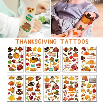 

10pcs Thanksgiving Tattoo Stickers Waterproof Sweat Autumn Harvest Festival Maple Fruit Turkey Pumpkin Tattoo Stickers