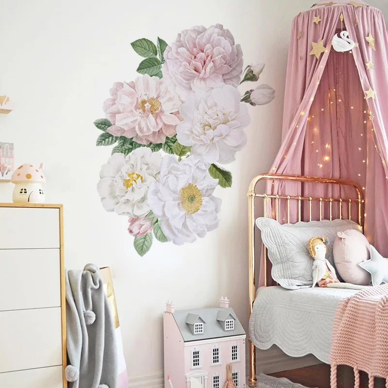 Watercolor Sweet Pink White Peony Wall stickers Flower Wall Decals for Baby Nursery Room Decoration Living Room Bedroom Decor