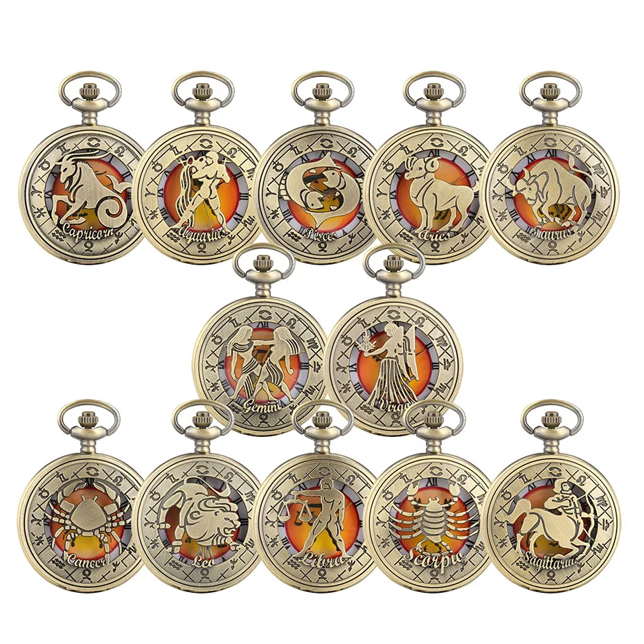 Антикварные Бронзовые кварцевые карманные часы с двенадцатью созвездиями и римскими цифрами, часы с подвеской в виде полуохотника
