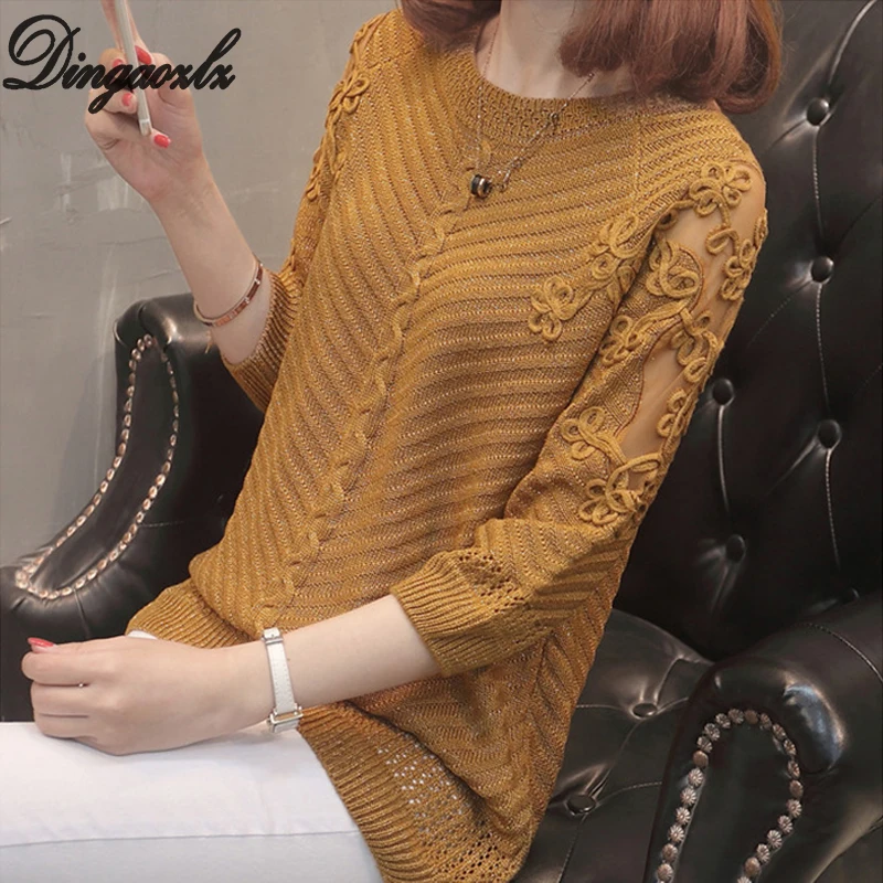 

Dingaozlz Korean Style Women Sweater Sexy lace Tops Spring Autumn Patchwork embroidery Knitted Pullovers shirt