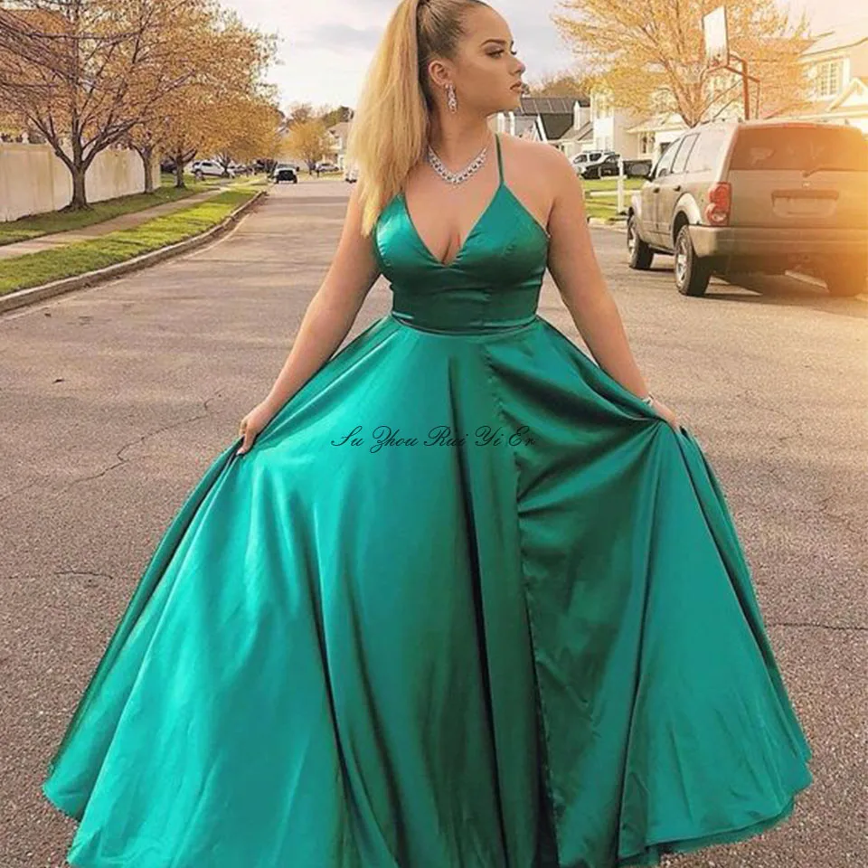 Зеленый Vestidos De Gala v-образным вырезом размера плюс платья выпускного вечера атласные A-Line платье выпускного вечера Спагетти ремень корсет обратно формальное платье vestido de festa - Цвет: Зеленый