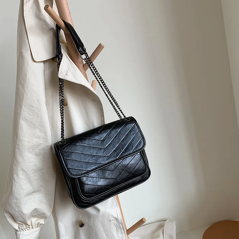 22 CM Black Модные Винтаж женский квадратный мешок высокое качество масла кожа Для женщин Дизайнерская обувь с цепочкой Сумочка на плечо, Сумочка через плечо сумка-мессенджер, женские сумочки - Цвет: 22 CM Black