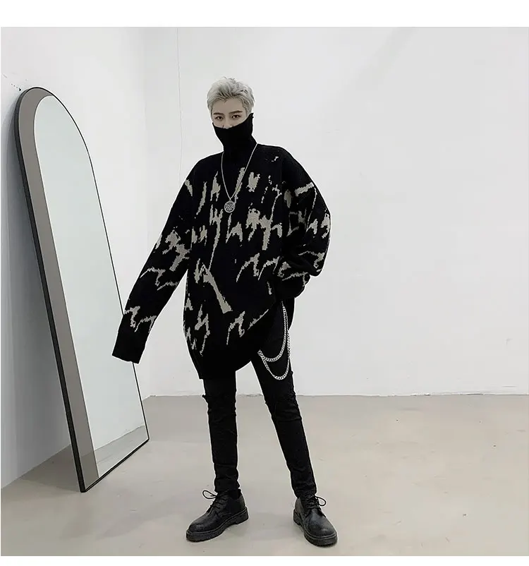 Men Streetwear Hip Hop Loose Turtleneck Knitted Pullover Sweater Male Autumn Winter Thick Warm Casual Sweater Outerwear