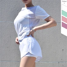 Женские сетчатые рубашки для йоги, спортивный костюм для бега, одежда для фитнеса, спортивная одежда, топы с короткими рукавами, спортивные шорты, быстросохнущая одежда для тренировок