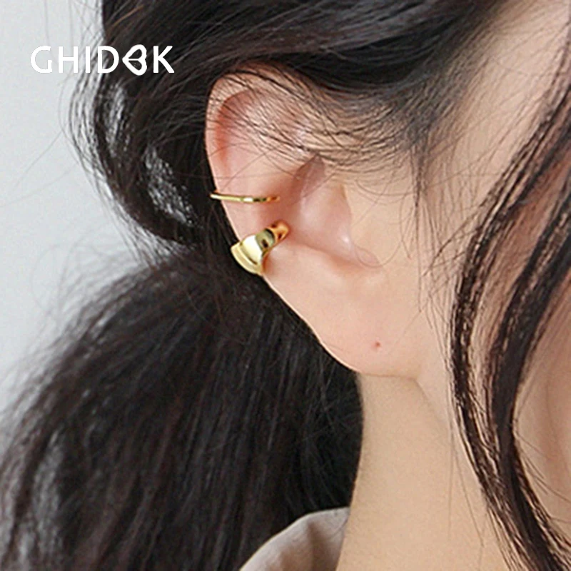 GHIDBK Minimalist 925 Sterling Silver Wide Ring Clips Earring Handmade Small Statement Silver Ear Cuffs Dainty Clip on Earrings