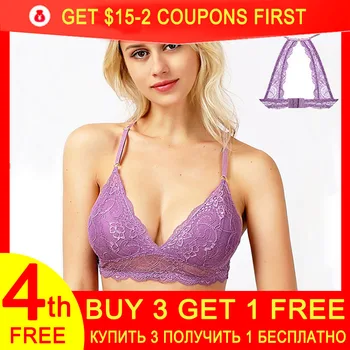 

Women 3/4 Cup Floral Lace Bra Wireless Bras Bralette Female Triangle Back Underwear Zero Pressure Unpadded Bras Lingerie