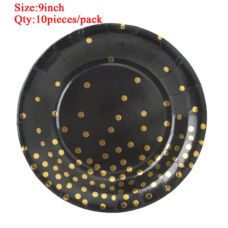 Plate-9inch-10pieces Черный Золотой горошек День рождения Свадебные принадлежности украшения баннер шары счастливые салфетки для дня рождения колпачок одноразовые бумажные тарелки чашки - Цвет: Plate-9inch-10pieces