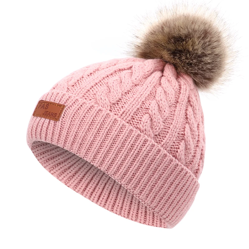 Новая детская зимняя шапка для мальчиков и девочек с помпонами кожа вязаная шляпа теплая в полоску милые веселые детские бейсбольную кепку удобные сомбреро горох - Цвет: Dark pink