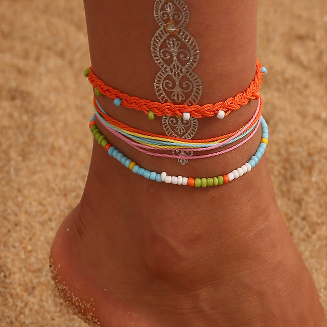 Shell Ankle Bracelet Set For Women Bohemian Rope Chain Sequin Anklets Summer Beach Girls Barefoot Leg Chain Boho Jewelry