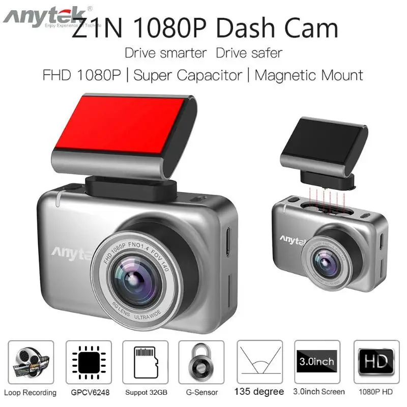 Anytek Z1N FHD 1080P Автомобильный видеорегистратор Камера 2,35 дюймов Dashcam встроенный g-сенсор