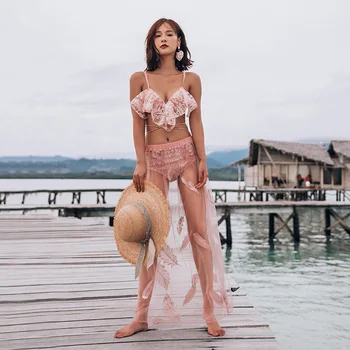 

Indoor Swimsuit Korean Swimwear Surf For Girls Bathing Suit Women New Pink Sexy Underwire Bracket Strap High Waist Split Bikini