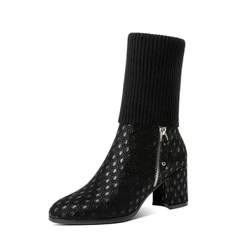 

Europe and the United States new leather color-matching winter boots ladies thick high-heeled sleeve boots