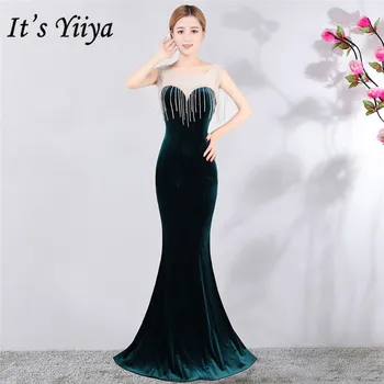 

Mermaid Evening Dress It's Yiiya DX395 Blacklish Green O-neck Tassel Evening Dresses Plus Size Illusion Long Robe De Soiree