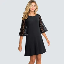 Осеннее повседневное кружевное лоскутное черное винтажное платье приличное вечернее платье с расклешенными рукавами HA174