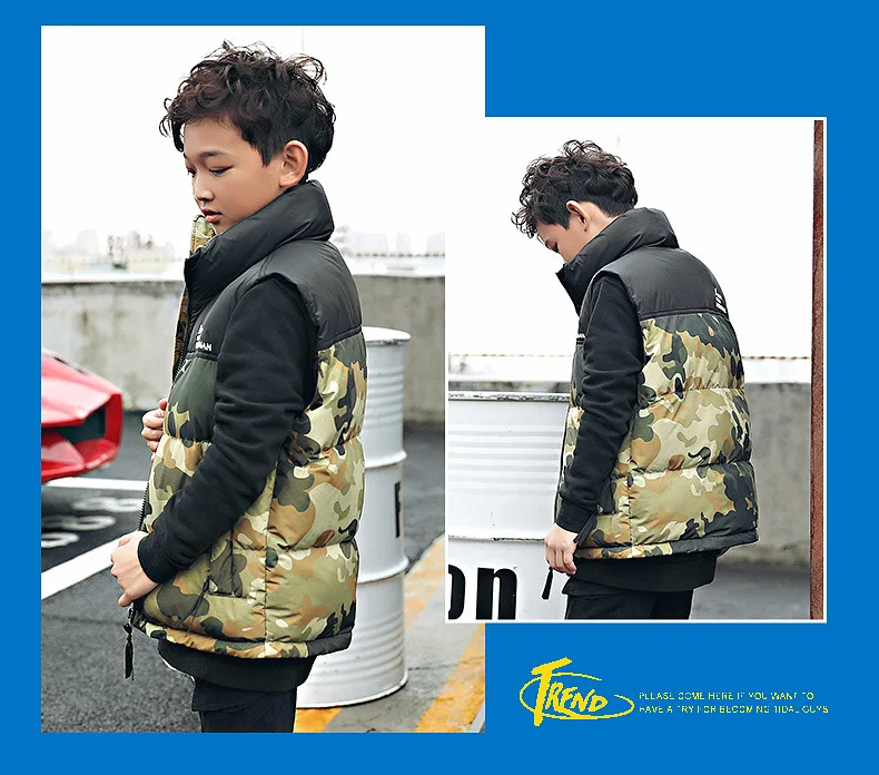 Childrenswear Camouflage Down Feather Cotton Vest Winter New Style Europe And America BOY'S Stand Collar Vest Big Boy Mixed Colo