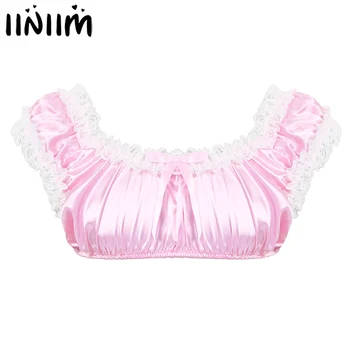

iiniim Sissy Lingerie Men Smooth Satin Lace Frilly Ruffle Bra Top Gay Maid Shirt Crop Top Nightwear Sexy Wire-free Bralette Vest