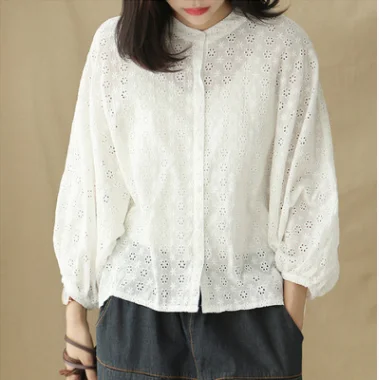 

Autumn Blouse Retro Women Loose Hollow out Shirt 2019 New Female Tops Stand Long-sleeved Button Embroidery Casual Blouse