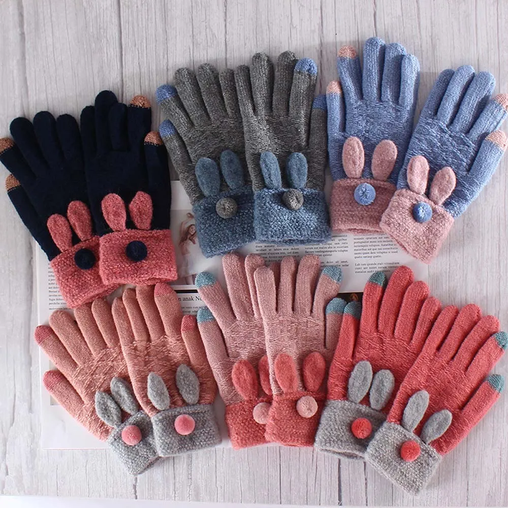 

Cute Rabbit Ear Knitted Gloves Women Touch Screen Thicken Winter Warm Gloves Full Finger Soft Stretch Knit Mittens