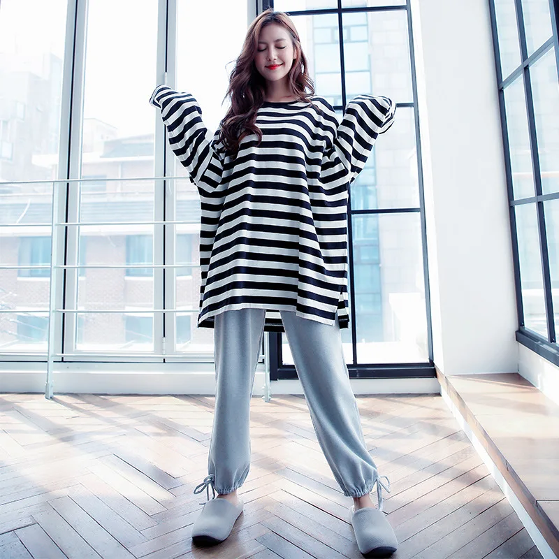 

Свободная ночная рубашка, Пижамный костюм, сексуальная женская хлопковая ночная рубашка, одежда для сна с круглым вырезом, комплект для сна, полосатая рубашка из 2 предметов и брюки, пижама, домашняя одежда