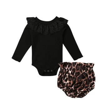 

Newborn Baby Girl Kids Clothes 2pcs set Lace Knitted Long Sleeve Bodysuit Black Playsuit Brown Leopard Shorts Toddlers Outfits