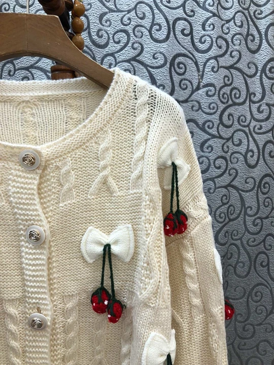 Early autumn new women bow bow small cherry pattern knitted long sleeve sweater knitted shirt 902