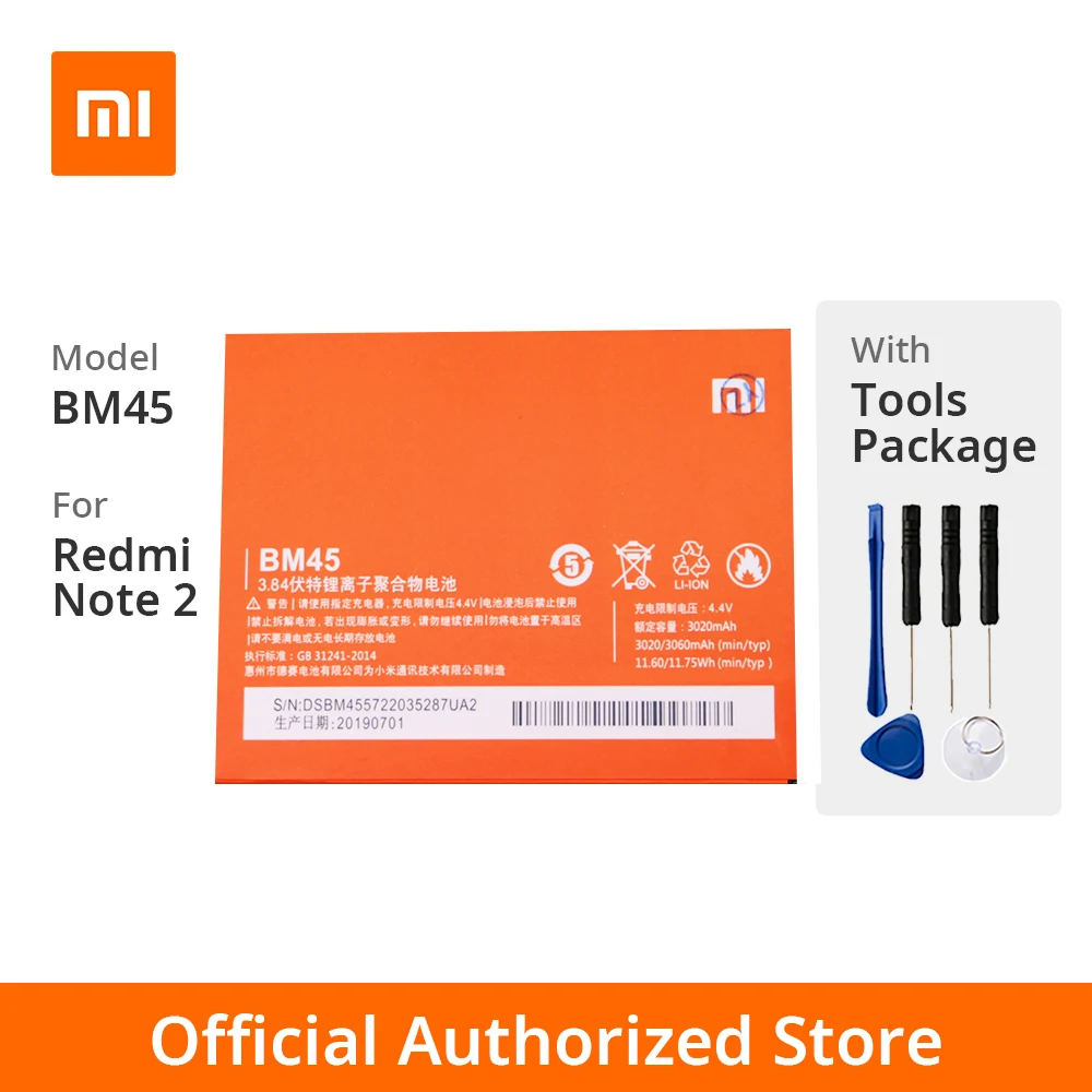 

Xiaomi Original Redmi Note2 Phone battery Model BM45 Battery Capacity 3020mAh Battery Voltage Limit 3.84V For Redmi Note2