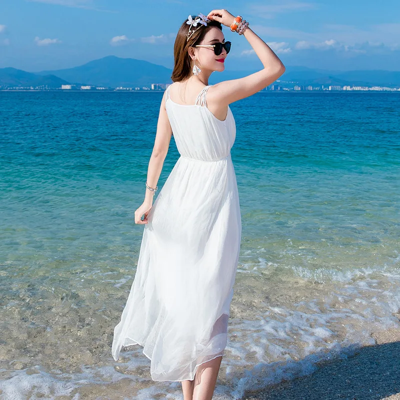 Vrouwen Lange Zomer Jurk Echte Zijde Witte Jurk Boho Beach Party Jurken Mouwloze Sexy Vestidos Casual Kleding LWL1532 Vrouwen Lange Zomer Jurk Echte Zijde Witte Jurk Boho Beach Party Jurken Mouwloze Sexy Vestidos Casual Kleding LWL1532