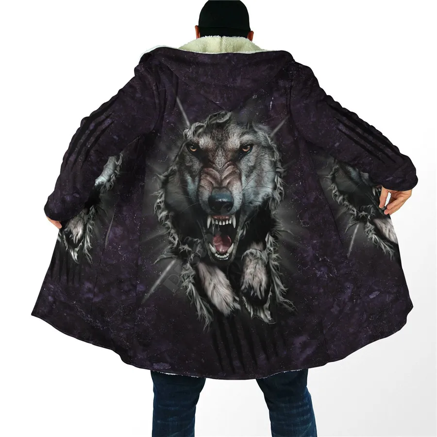 

Winter Men For Women Hooded Cloak Wolf 3D All Over Prined Fleece wind breaker Warm Hood Cloak