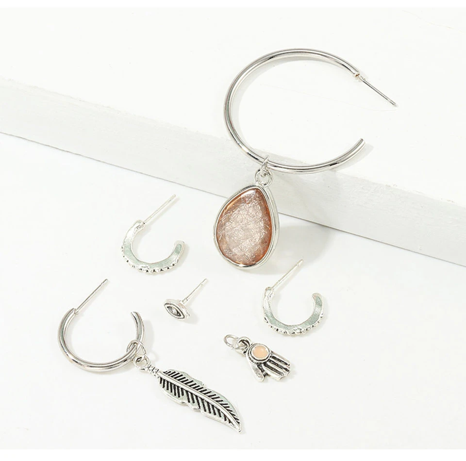 Jouval, Boho, панк, Серебряный набор серег-колец для женщин, девушек, Винтаж, перо, кристалл, глаз, круглая серьга круга, Женские Ювелирные изделия