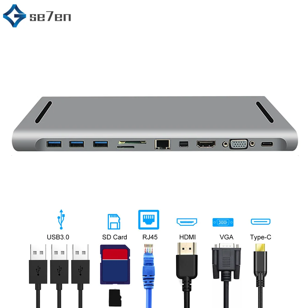 11 in 1 USB3.0 type-C концентратор для USB3.0 TF SD ридер HDMI VGA RJ45 3,5 аудио мини DP док-станция для MacBook Pro USB-C type C 11 порт USB C концентратор - Цвет: 11 in 1